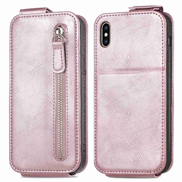 Vertical Flip Phone Suojakotelo With Zipper For iPhone XS / X - Ruusukulta Pink
