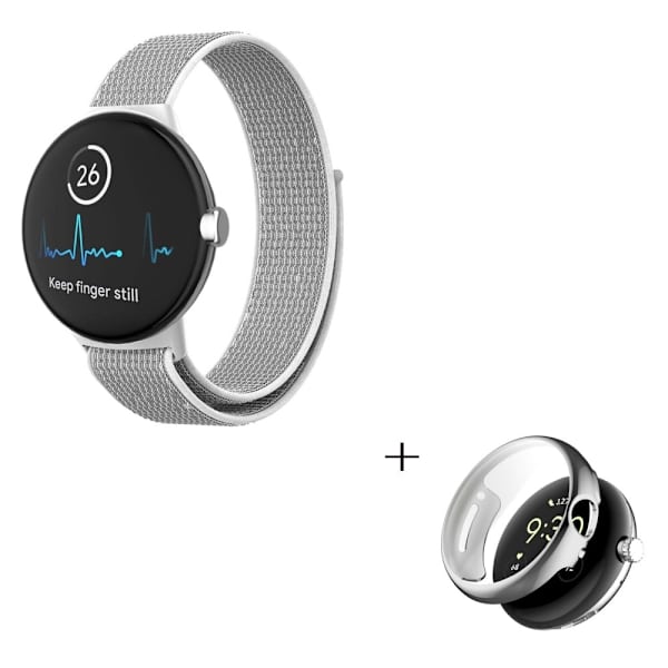 Google Pixel Watch nylonklokkerem med sølvfarget deksel - Grå / Hvit Silver grey