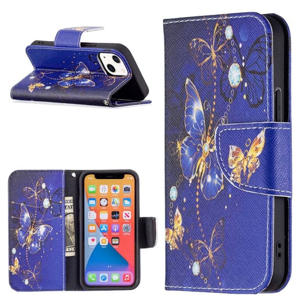 Wonderland iPhone 13 Mini flip etui - Lilla Sommerfugle Purple
