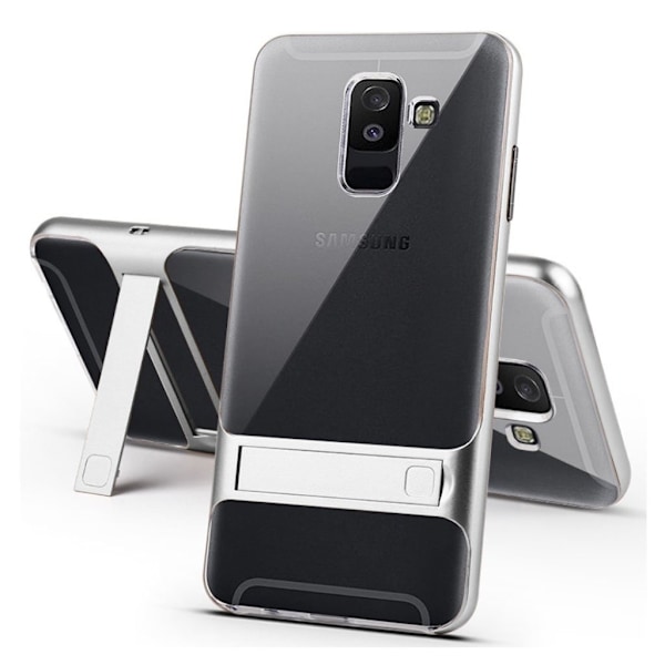 ELEGANCE Samsung Galaxy A6 (2018) mobilskal plast silikon utfällbart ställ - Silver Silvergrå