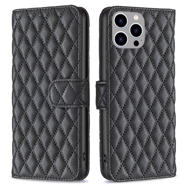 Rombemønster, matt flip-deksel for iPhone 14 Pro Max - Svart Black