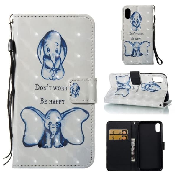 iPhone Xs Max læder flip cover med mønsterprint - Elefant Multicolor