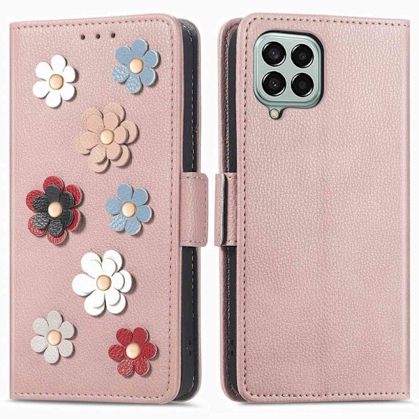 Mjukt läder Samsung Galaxy M33 5G fodral med blomdekor - Rosa Rosa