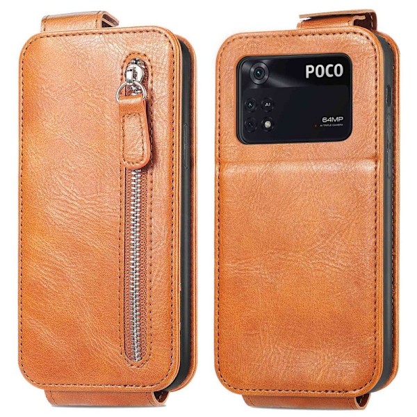 Vertical Flip Phone Suojakotelo With Zipper For Xiaomi Poco M4 Pro - Ruskea Brown