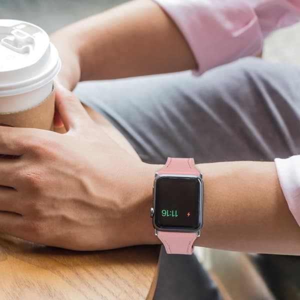 Apple Watch Series 5 44mm ægte læder Urrem - Lyserød Pink