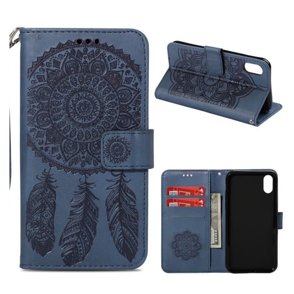 iPhone Xs Max flip cover i læder med tryk og drømmefanger - Blå Blue