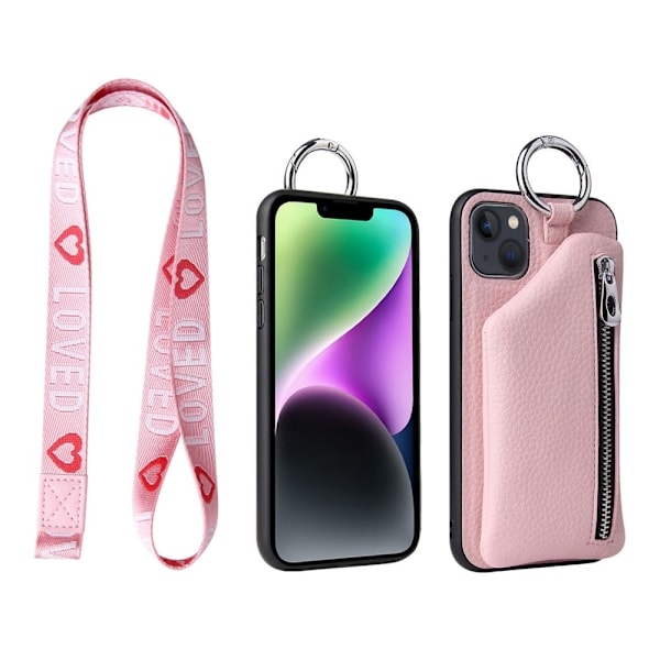 iPhone 14 avtagbart läderfodral med nyckelband - Rosa Rosa