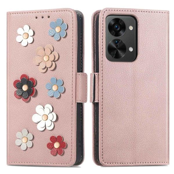 Pehmeä kukkakoristelu nahkakotelo OnePlus Nord 2T - Ruusukulta Pink