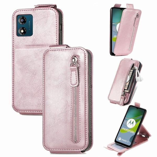 Vertical Flip Phone Etui med Zipper til Motorola Moto E13 - Rødguld Pink