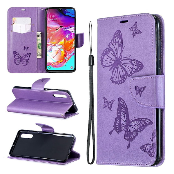 Butterfly läder Samsung Galaxy A70 fodral - Lila Lila