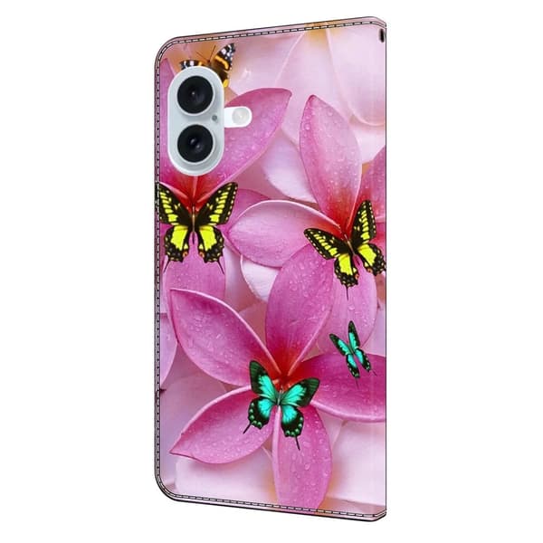 iPhone 16 Plus Plånboksfodral Mönster Tryck Stativ Läder Flip Telefonskal - Rosa Blommig Fjäril Rosa