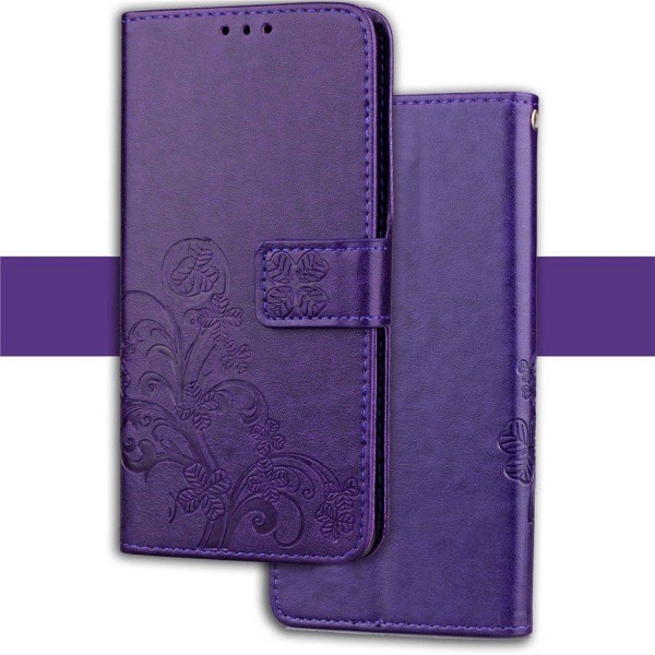 iPhone Xs Max læder flip cover med kløvermønster - Lilla Purple
