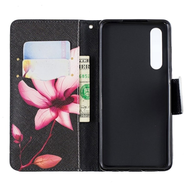 Huawei P30 mønstret læder flip etui - Blomster Purple
