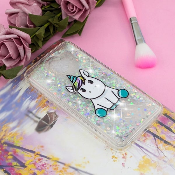 Samsung Galaxy J4 (2018) flytande glitter skal med tryckt mönster - Gullig enhörning multifärg
