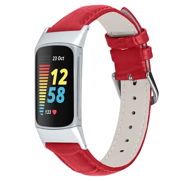 Fitbit Charge 5 crocodile texture genuine leather watch strap - Red Red