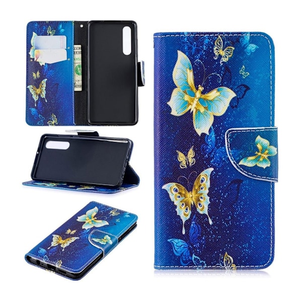 Huawei P30 mønstret læder flip etui - Blå Sommerfugle Blue