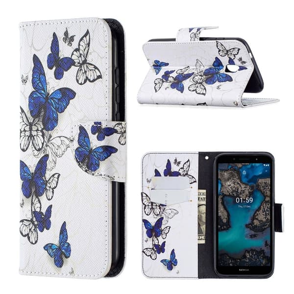 Wonderland Nokia C1 Plus flip kuoret - Sininen Perhonen White