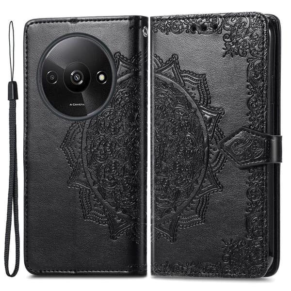 Mandala Xiaomi Redmi A3 / Xiaomi Poco C61 læderetui - Sort Black