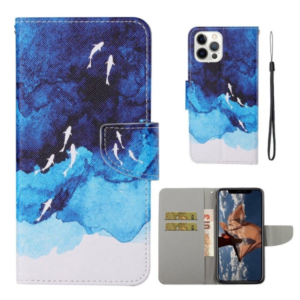 Handy Strap Pattern-Printing Full Protection Leather Cell Case med pung og stativ iPhone 13 Pro Max 6,7 tommer - Hav Blue