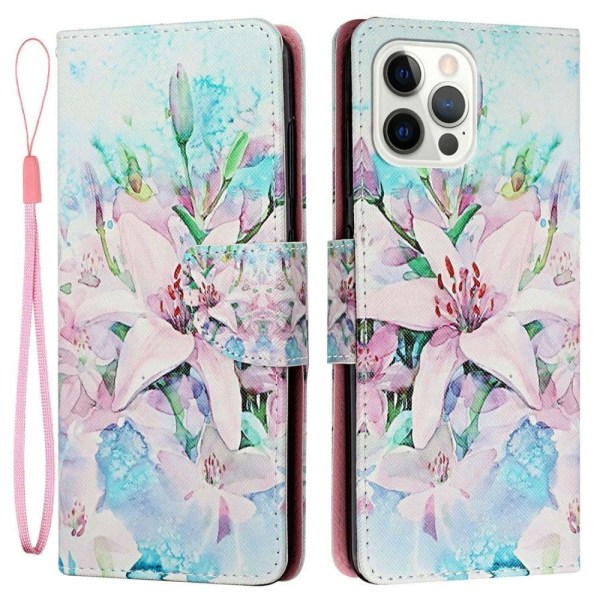 Vegansk lædermønstertryk til iPhone 14 Pro Max, Cross Texture Stand Wallet Folio Flip Phone Cover med håndrem - To Heste Multicolor