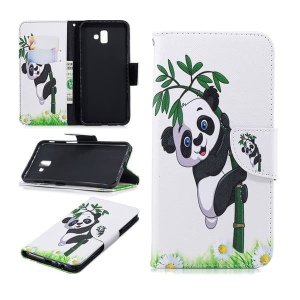 Samsung Galaxy J6 Plus (2018) mønstered læder flip etui - Panda på en Bambus Multicolor