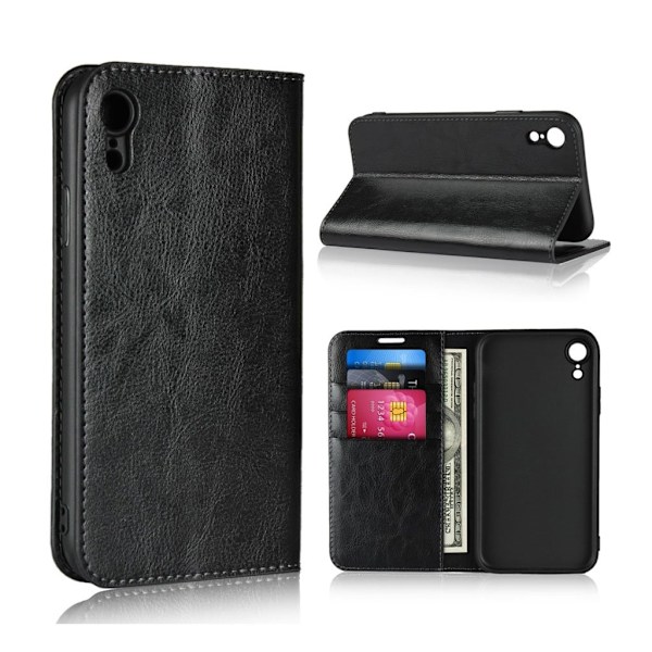 Crazy Horse iPhone Xr flip cover i ægte læder - Sort Black