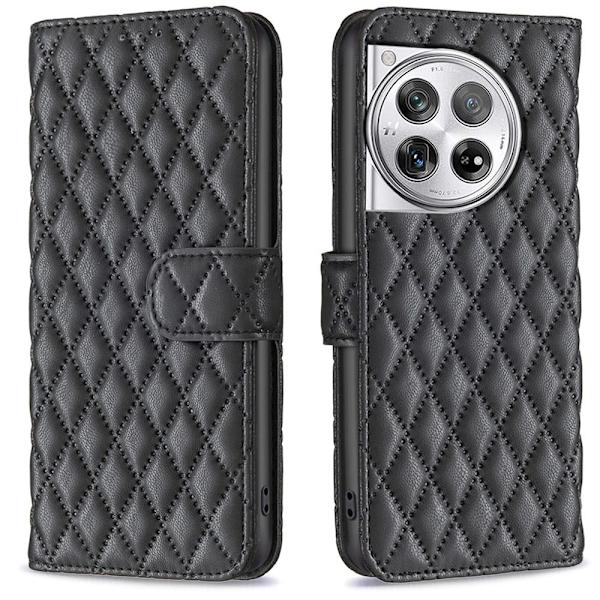 Rhombus mat OnePlus 12R / OnePlus Ace 3 flip etui - Sort Black