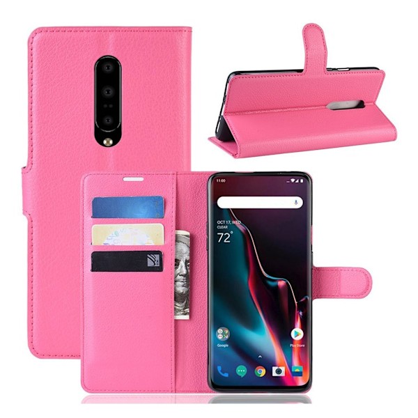 OnePlus 7 Pro konstläderfodral med litchi textur - Rosa Rosa