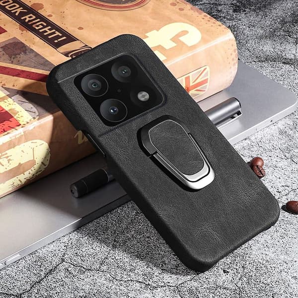 Stötsäkert läderfodral med oval kickstand för OnePlus 10 Pro - Svart Svart