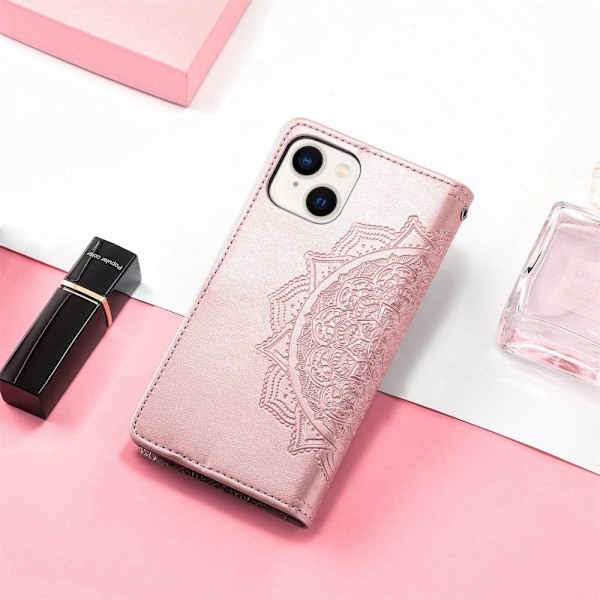 Mandala läder iPhone 14 fodral - Rosa Rosa