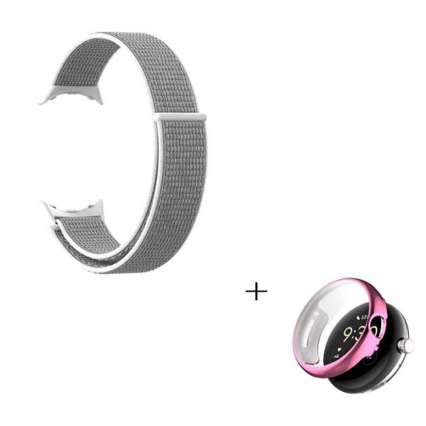 Nylon watch strap with pink cover for Google Pixel Watch - Grey Silver grey