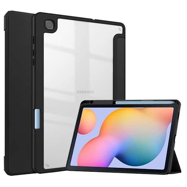 Samsung Galaxy Tab S6 Lite -nahkakotelo, jossa on akryylinen takanäkymä ja kynänpidike - Musta Black