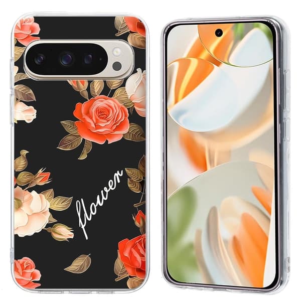 Vibe Google Pixel 9 / Google Pixel 9 Pro skal - Blommor Med Svart Bakgrund Svart