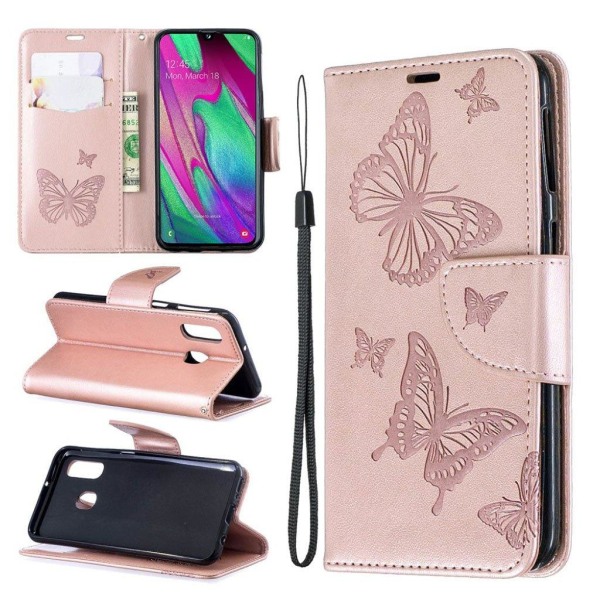 Butterfly läder Samsung Galaxy A40 fodral - Rosa Rosa