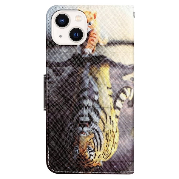 Mønsterudskrivning Magnetisk lås Telefoncover iPhone 14, Cross Texture Vegansk Læder Wallet Stand Beskyttelsesetui - Tiger Multicolor