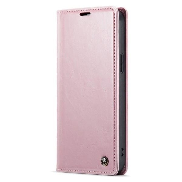 CASEME 003 Series iPhone 14 Anti-fall Cell Phone Cover Retro Waxy Texture Vegansk Læder Magnetic Closure Phone Wallet Case Stand - Lyserød Pink