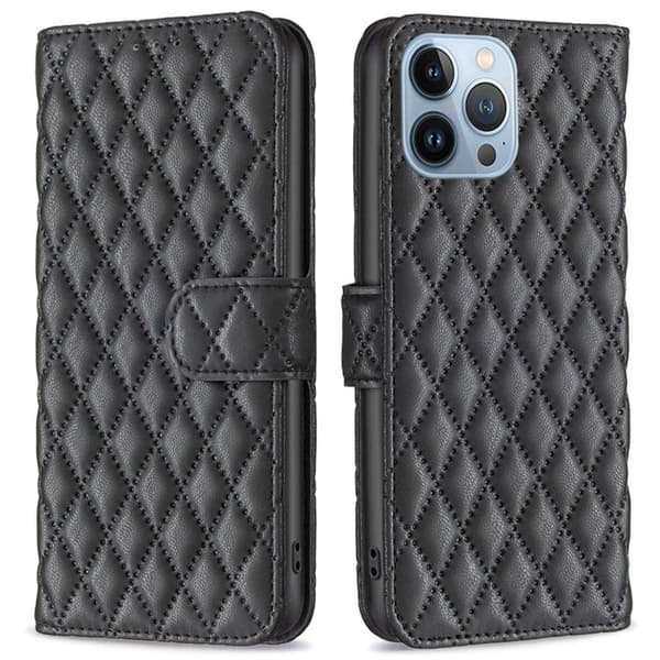 Rombemønster, matt flip-deksel for iPhone 13 Pro - Svart Black
