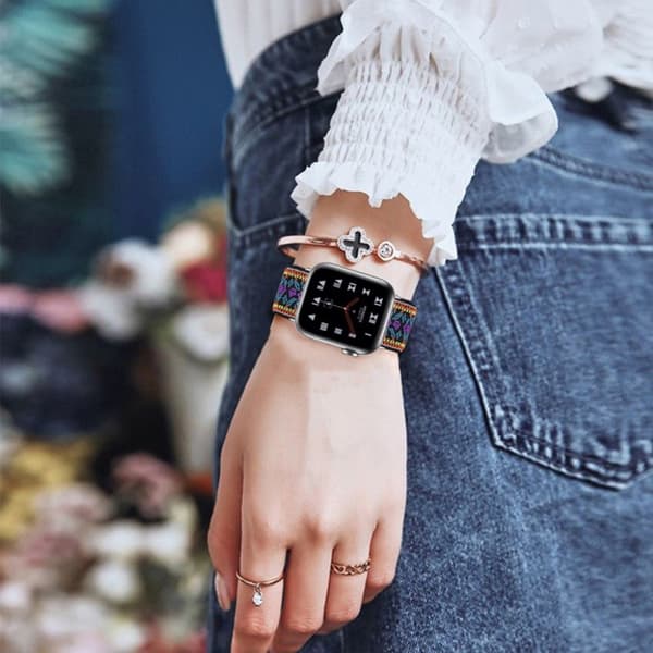 Apple Watch 42mm - 44mm elastisk urrem med stilfuldt mønster - Gul / Gul Multicolor