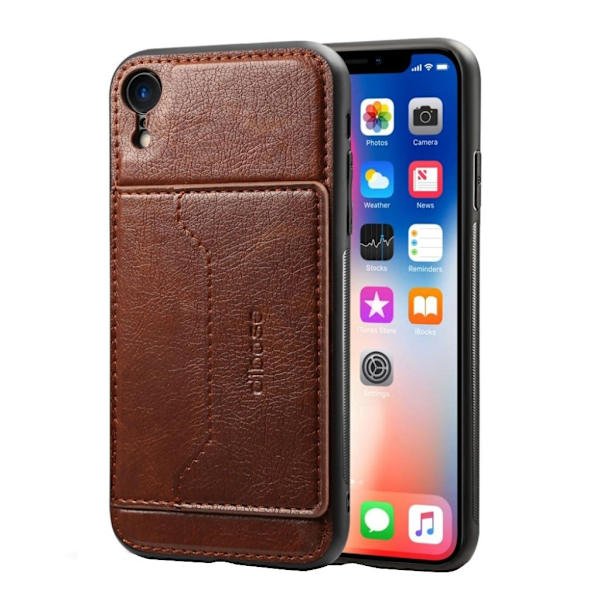 IPhone 9 mobilskal syntetläder plast utfällbart ben vildhästtextur kortficka - Kaffe Brun