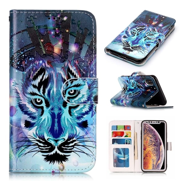 iPhone Xs Max flip cover i læder med præget mønster - Wolf Multicolor