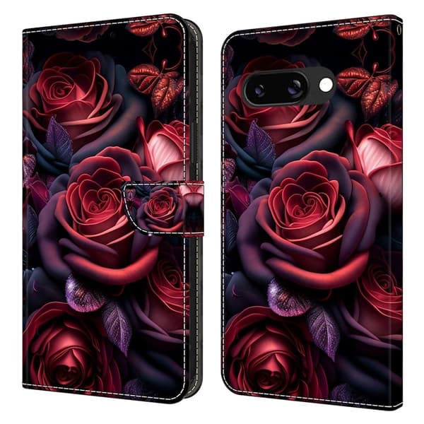 Google Pixel 9a Plånboksfodral Mönster Tryck Stativ Läder Flip Telefonskal - Svart Ros Röd