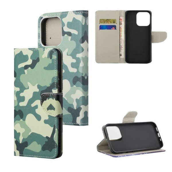 Pattern Printing Cross Texture Læder Wallet stander etui iPhone 13 Pro Max - Camouflagemønster Green