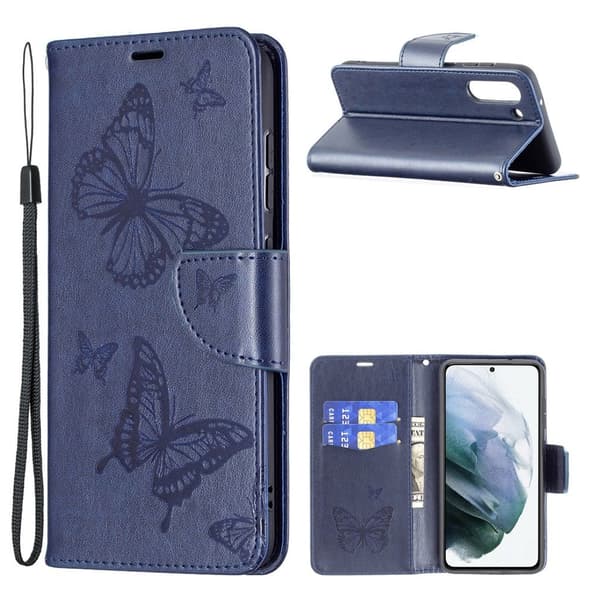 Butterfly Samsung Galaxy S21 FE Flip etui - Mørkeblå Blue
