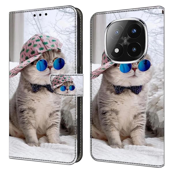 Xiaomi Redmi Note 14 Pro 4G plånboksfodral mönster tryckning stativ läder flip telefonskydd - Hattkatt Silvergrå