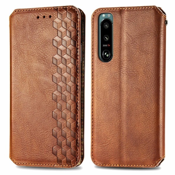 Læder Etui med A Stilfuldt Rhombus Tryk til Sony Xperia 5 IV - Brun Brown