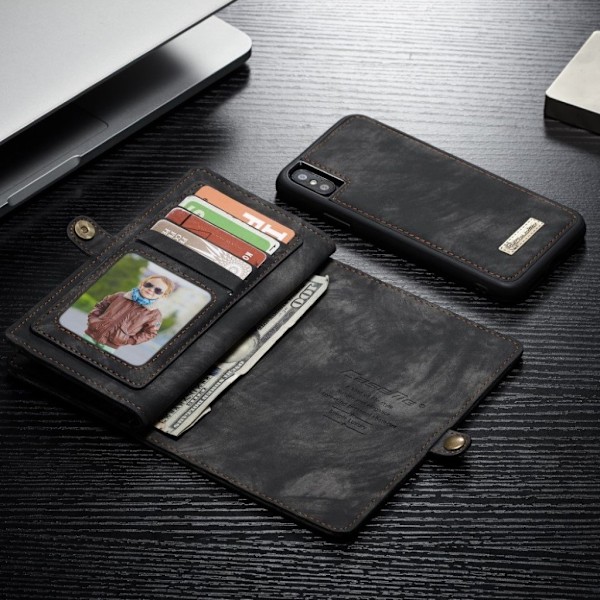 iPhone Xs Max CASEME vintage tyylinen haljais nahkainen lompakko suojakotelo - Musta Black