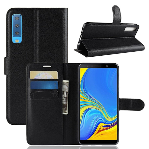 Samsung Galaxy A7 (2018) flipfodral i litchi skin-läder - Svart Svart