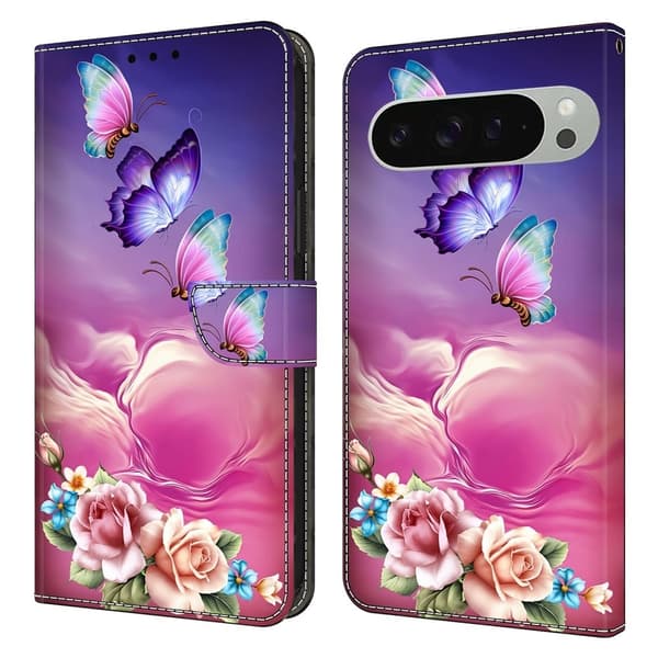 Google Pixel 9 Pro XL plånboksfodral mönstrat tryck stativ läder flip telefonskal - Blommig Fjäril Rosa