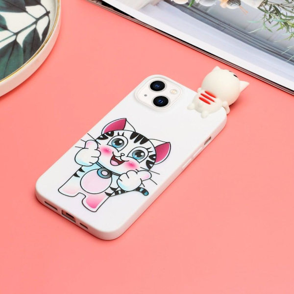 Mønstertryk Drop Resistant Phone Case iPhone 14, 3D Figure Design Flexible Back Cover - Kat White