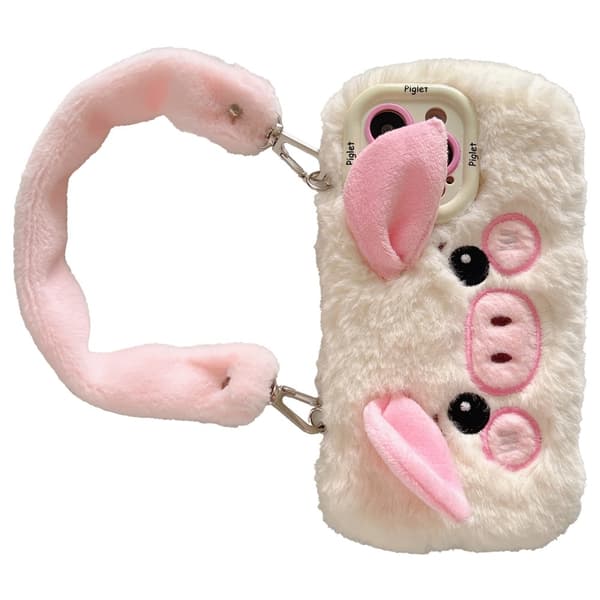 KJS-019 iPhone 15 Pro Max Fodral Lins Kickstand Flexibel Piglet Plush Handhållet telefonskal - Vit Vit